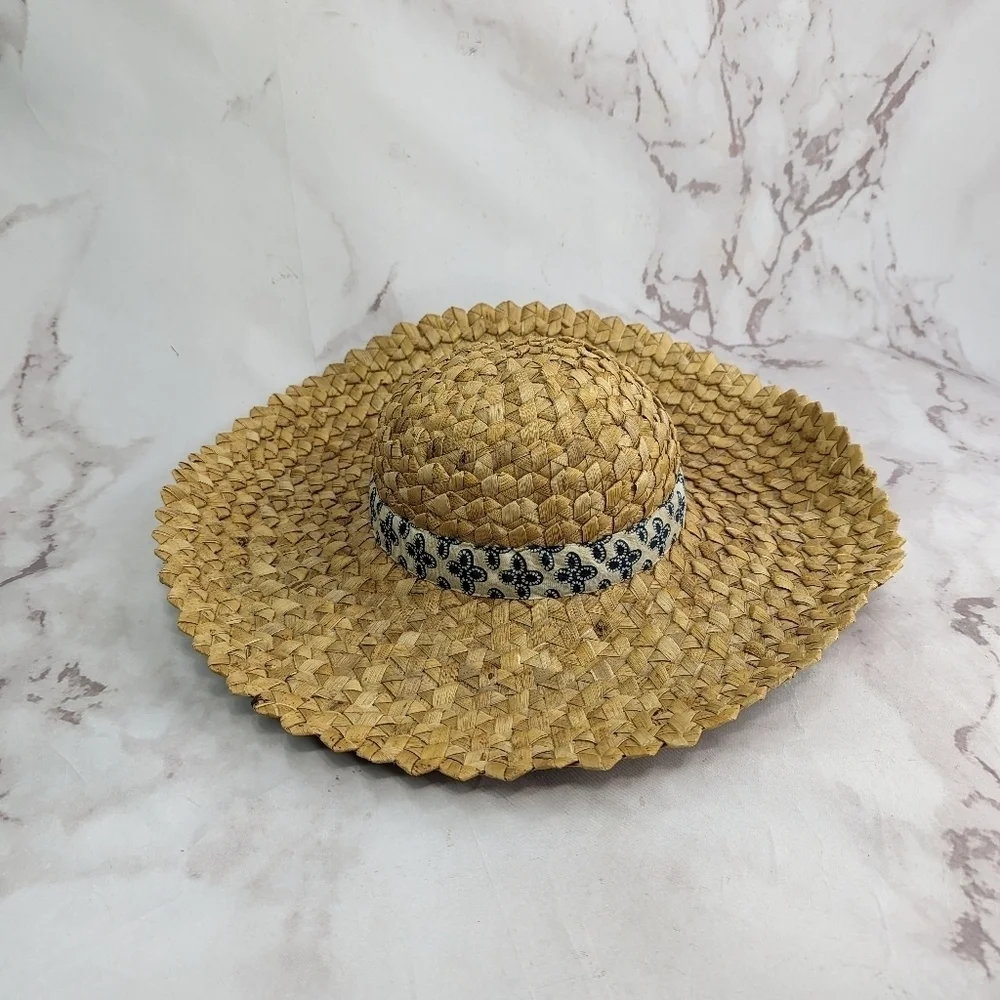 Vintage Hat Straw Sun Ladies Wide Brim Beach Shade Floppy Fabric Indego Africa - Picture 5 of 11